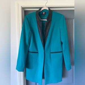 Teal long blazer with black faux leather lapel